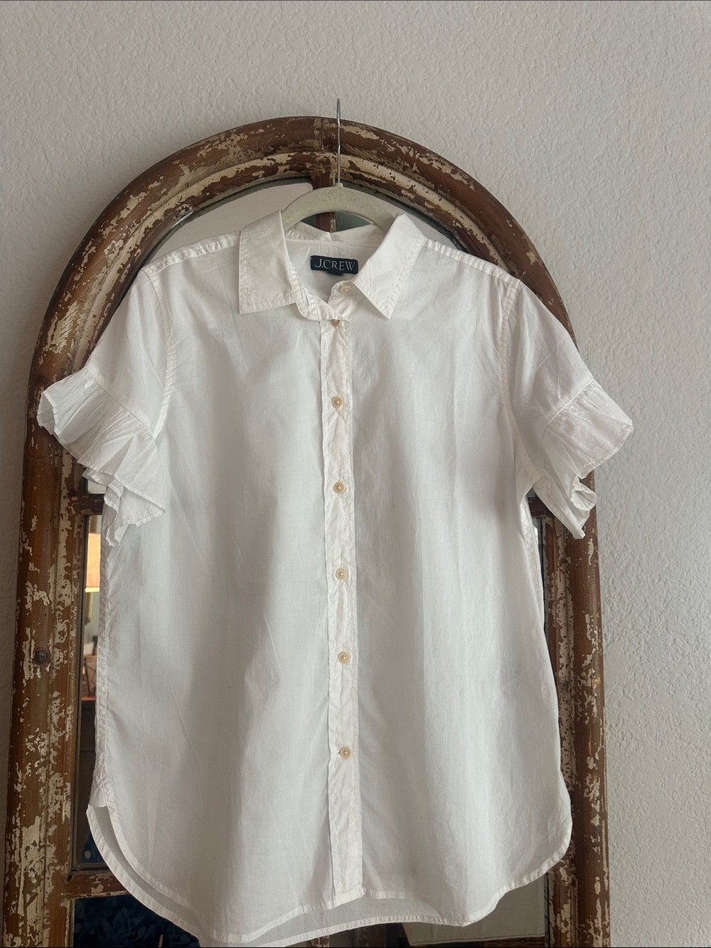 J. Crew White Short-Sleeve Button-Down Shirt with Ruffle Sleeves